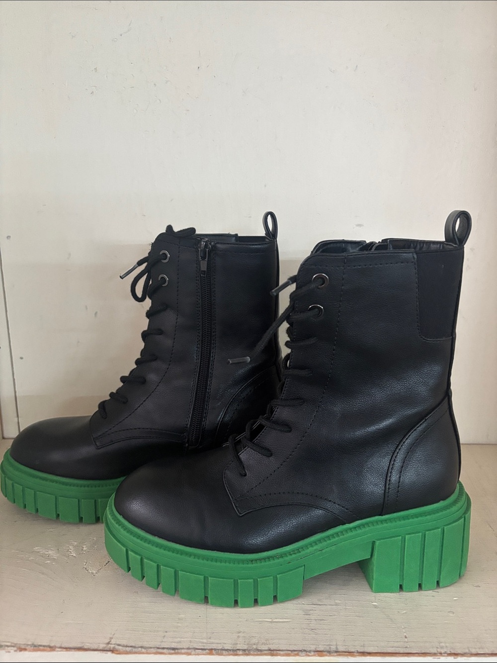 Call It Spring Black Combat Boots with Green Platform Soles